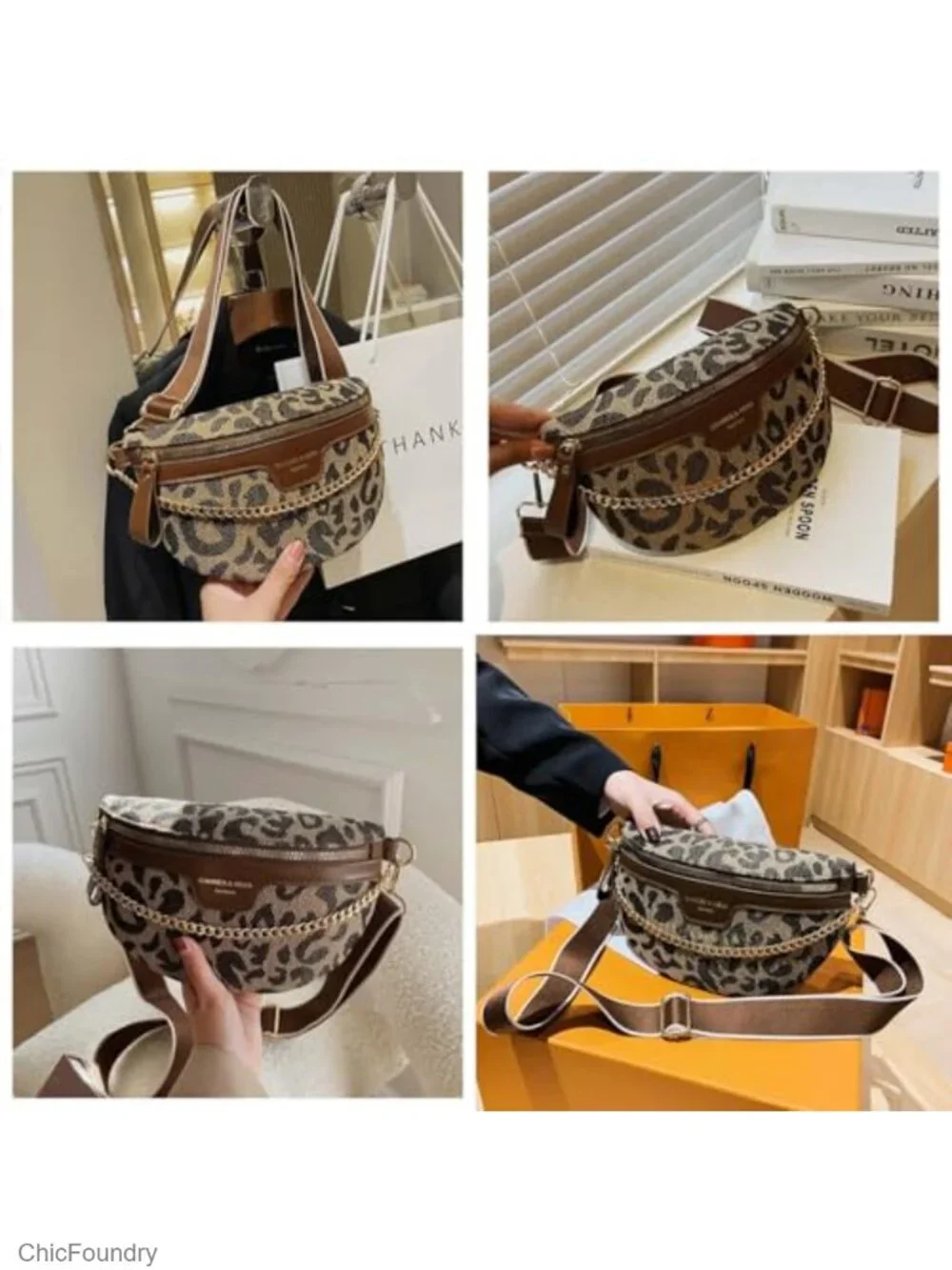 Trendy Leopard Pattern Leather Fanny Pack Crossbody Bag Sling Chest Bag with